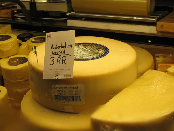 Wheels of Västerbotten cheese at a Stockholm market hall